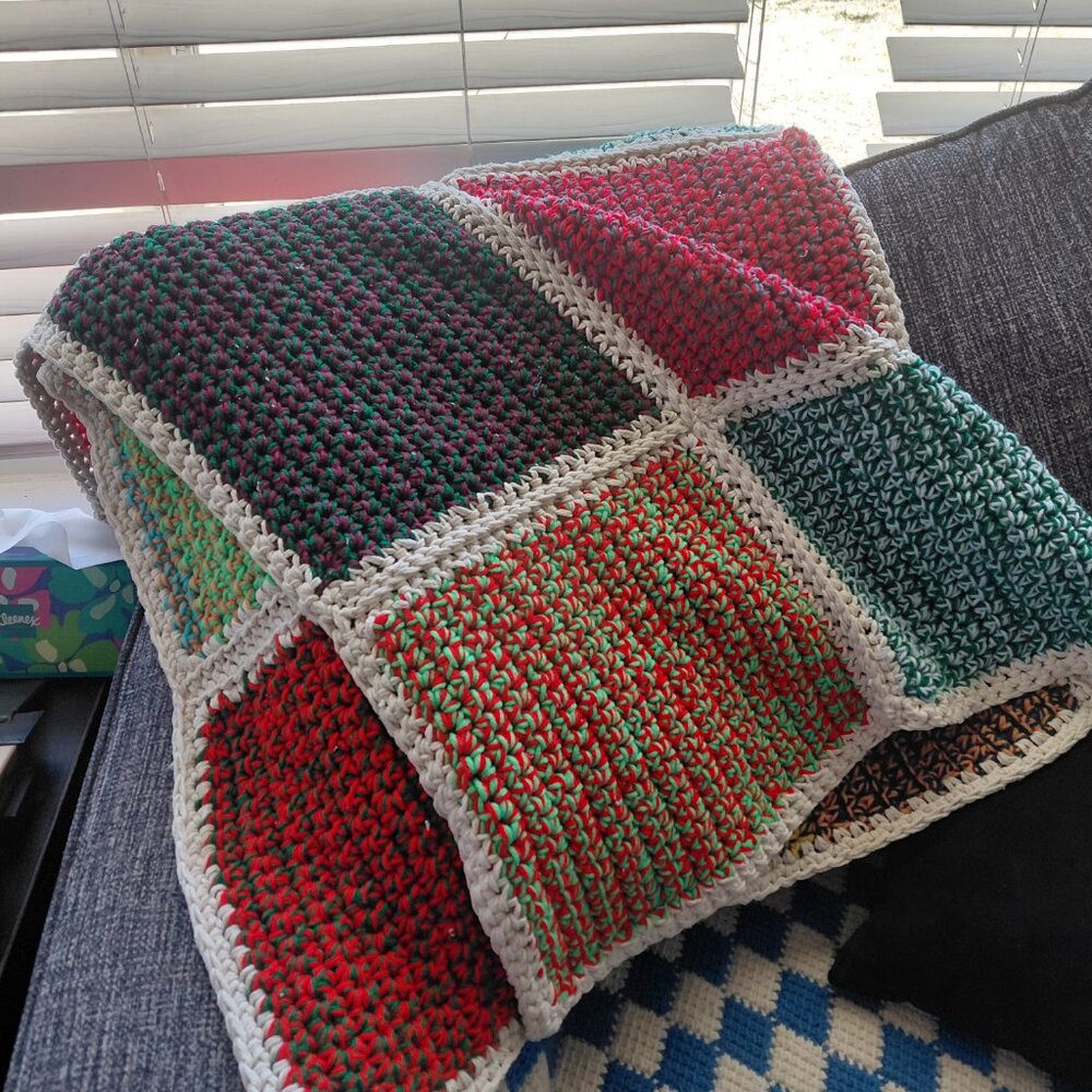 Vintage 70s Crochet Granny Square Panels Handmade Afghan Blanket Retro Boho - Picture 3 of 12